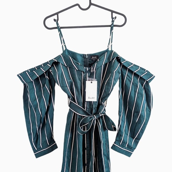 Bardot Paloma Teal Green Striped Cold Shoulder Dress US Size 6 (Small) - Picture 3 of 10